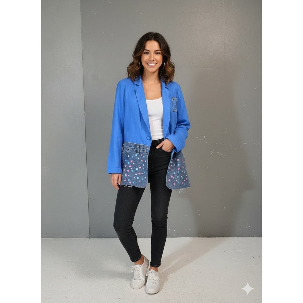 Bright Blue100% Linen Blend RetroBlazer with Distressed ‎ Pockets  Dot Accent
